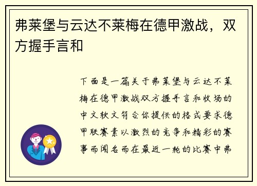 弗莱堡与云达不莱梅在德甲激战，双方握手言和