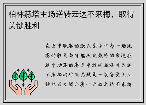 柏林赫塔主场逆转云达不来梅，取得关键胜利